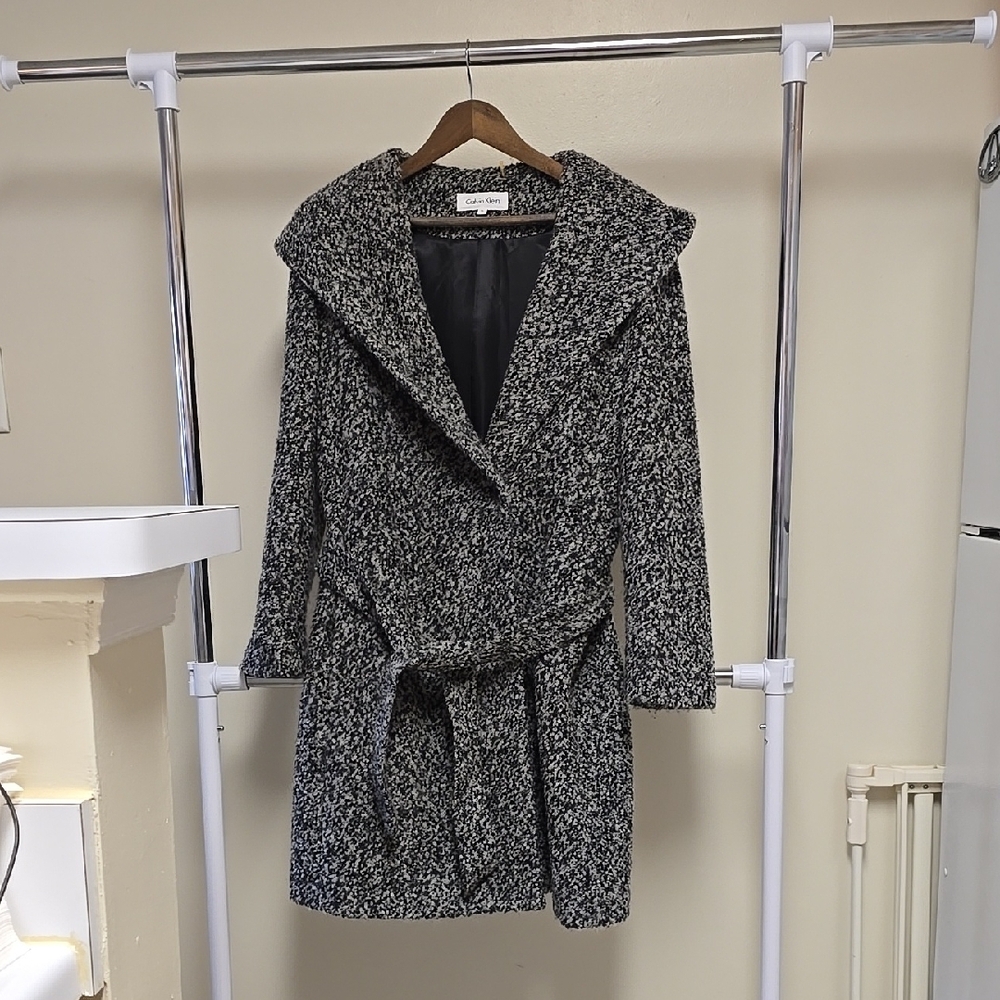 Kalvin Klein Black and White Coat with Wrap Design